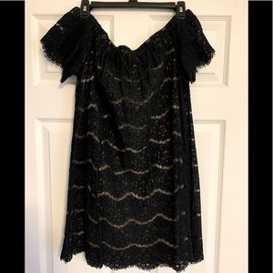 Black lace, off the shoulder dress with nude underlay